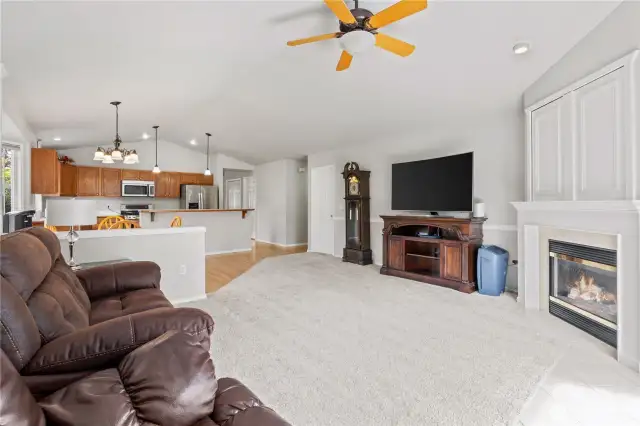 Cozy, gas corner fireplace.