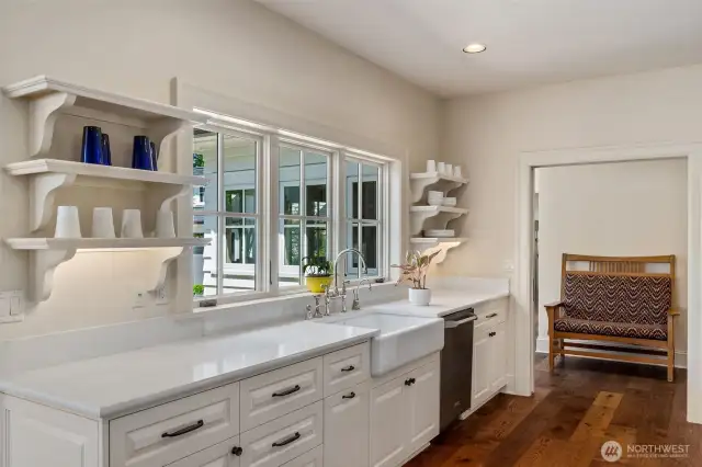Elegant farmhouse sink with views overlooking the grounds.