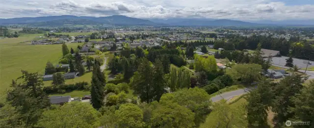 This aerial view showcases the impressive proximity to downtown Sequim and the majestic Olympic mountains nearby, while offering privacy and a connection to nature.
