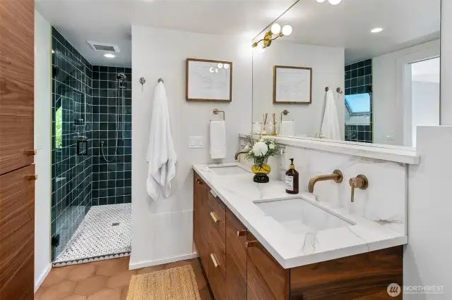Updated second floor bathroom was designed to invoke a European aesthetic.