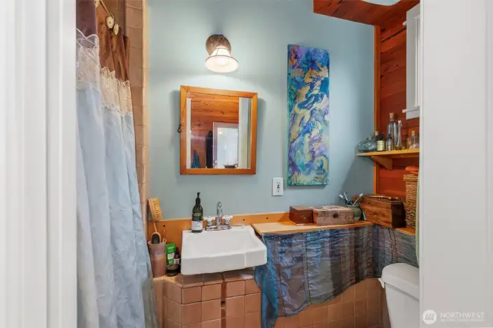 The small bathroom with shower is small, but well done and anything but ordinary.