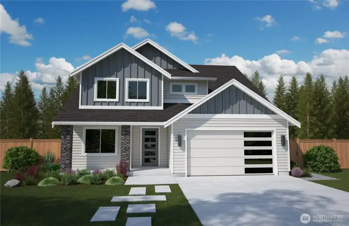 The Alpenglow at Burnham Heights — 2,603 sq ft of thoughtfully designed main-floor living with 3 bedrooms, 2.5 baths, and 9-ft ceilings. The home office counts as a 4th bedroom, with an optional upgrade to transform Bedroom 3/bonus room into a private ensuite. Photo rendering is for illustration purposes only.