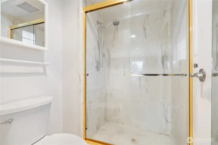 Walk-in shower with glass enclosure