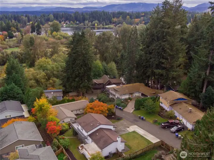 Aerial view of the home with lush greenery, mature trees, and Lake