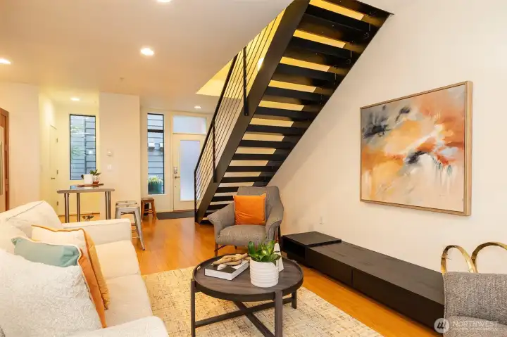 Main floor open floor plan with high ceilings.