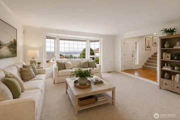 Living room, digitally staged. You can see that the photo was taken on a cloudy day.