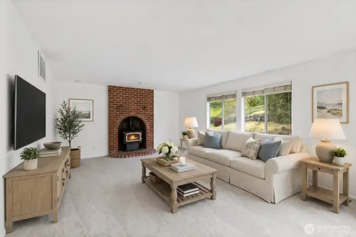 Family room. Digitally staged.