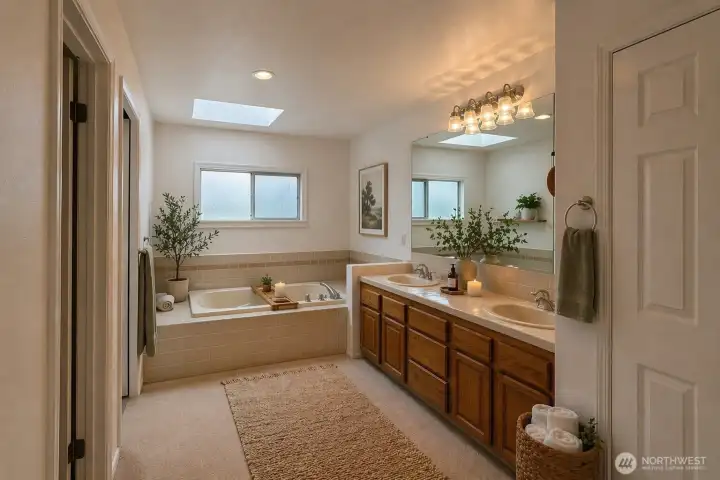 Primary en suite, digitally staged.