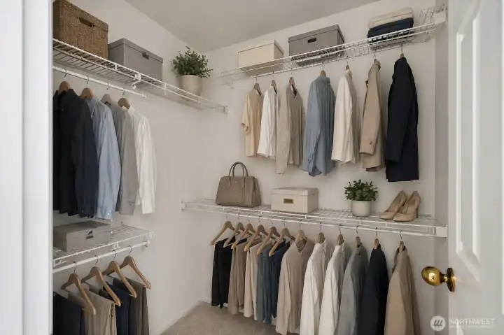 Primary suite walk-in closet in the en-suite. A second linear closet is in the primary bedroom.