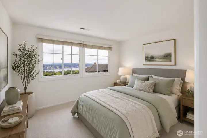 East facing bedroom. Digitally staged.