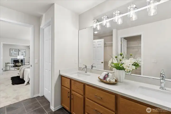 Inside Primary bathroom looking into bedroom