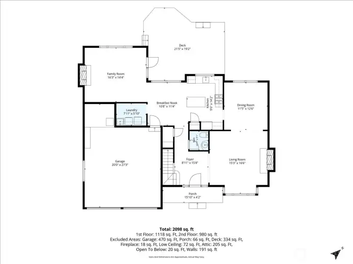 1st level floor plan with estimated dimensions.