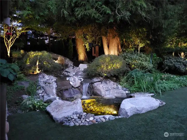 Fantastic Luxor Landscaping lighting system in the backyard. The LED RGB system lets you program each one of the 39 lights in any color you want giving you endless color schemes for sports and holidays.