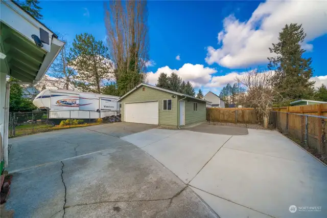 Detached 2 car garage in backyard.