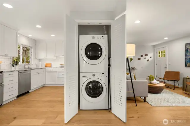 Full-size stacked washer and dryer.