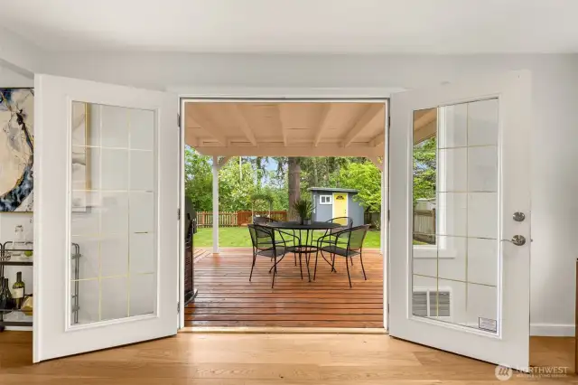 French doors provide easy access to the back yard.