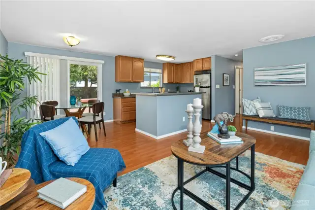 Living room looking into kitchen area