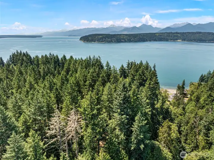 Drone above property showing the hood canal and olympic mountains