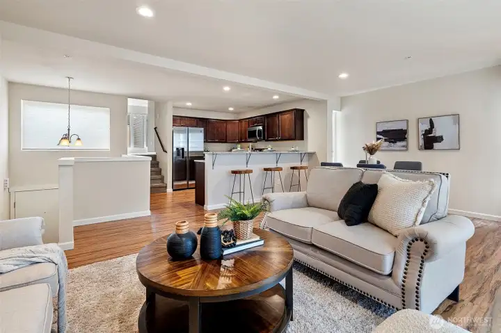 Open layout combines Living, Dining and Kitchen