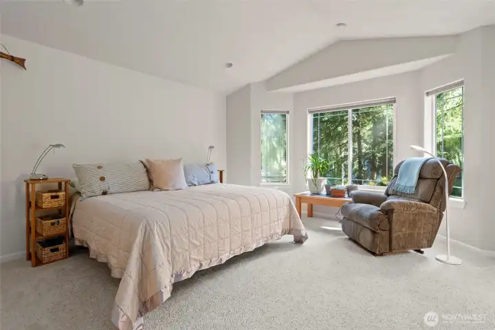 Huge primary bedroom with vaulted ceilings!