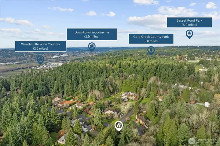 An elevated look eastward highlighting the home’s proximity to Woodinville Wine Country, Gold Creek County Park, and nearby nature preserves—showcasing the perfect balance of scenic beauty and convenient access to outdoor recreation and local destinations.