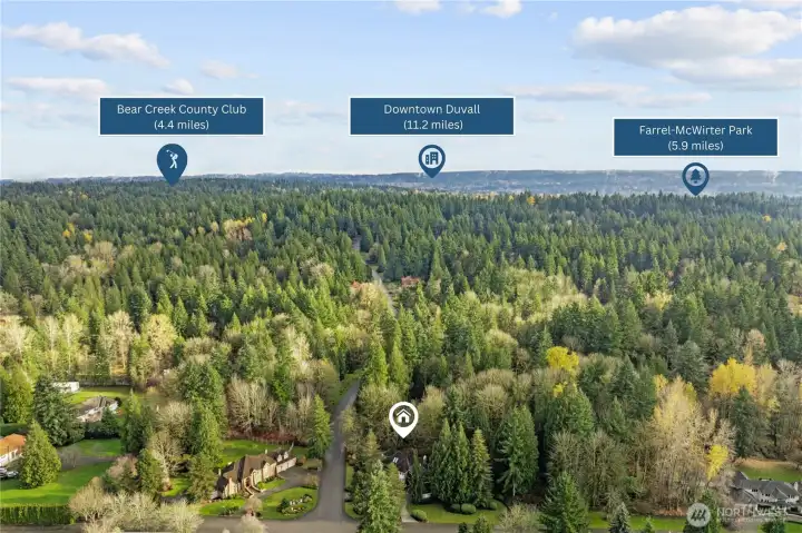 A sweeping westward view emphasizing the surrounding greenery and privacy, with Bear Creek Country Club, Downtown Duvall, and Farrel-McWhirter Park within reach—underscoring the area’s blend of recreation, community, and natural charm.