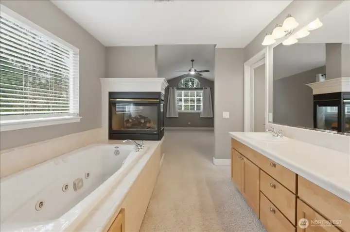 Primary 5-fixture bathroom with double vanity, soaking jetted tub, shower (located behind the picture) and large walk-in closet.
