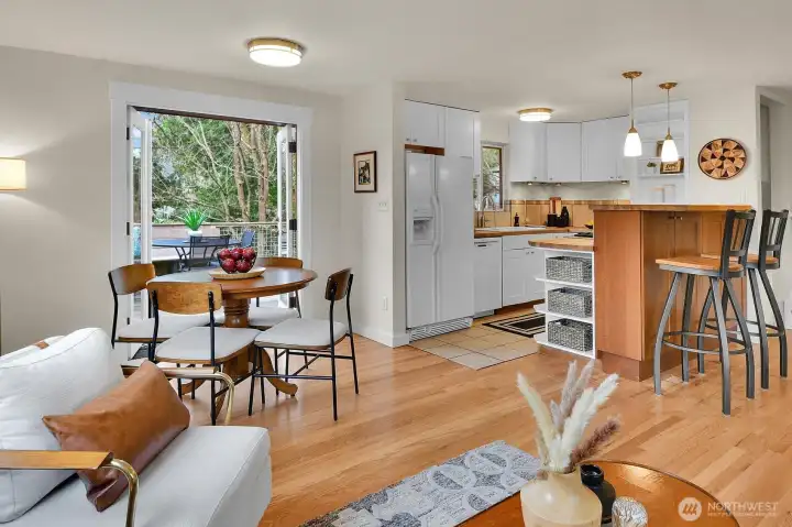 Kithen, dining area, french doors to the deck overlooking the back yard