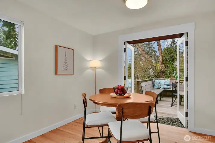 Dining area, french doors to deck and backyard