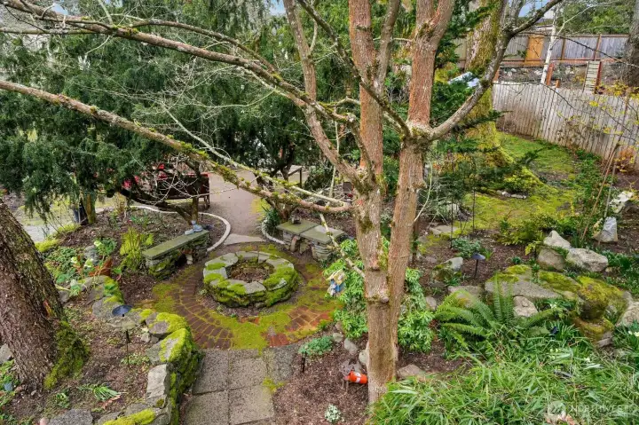 Backyard firepit and view from upstairs deck