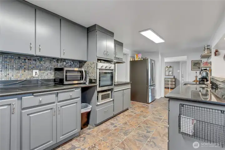 The counter space is expansive and storage galore!