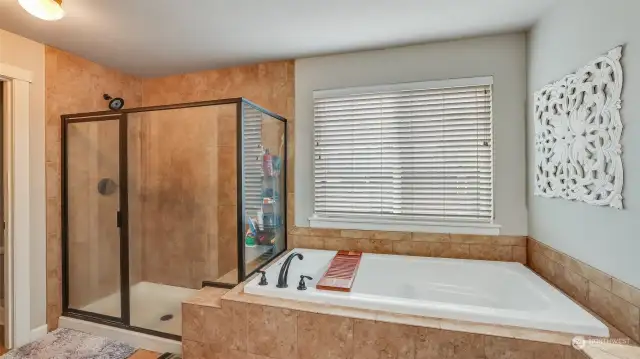 Large soaking tub and walk-in closet just to the left.