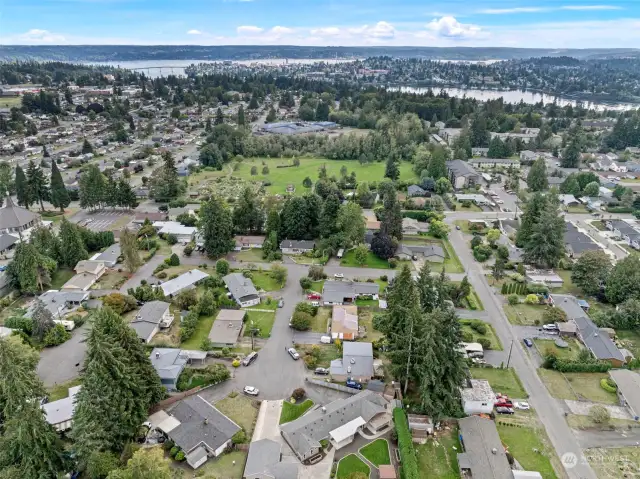 Aerial of East Brem showing proximity to ship yard, ferry and blueberry park