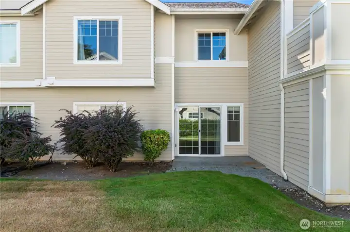 Ground level patio and lawn