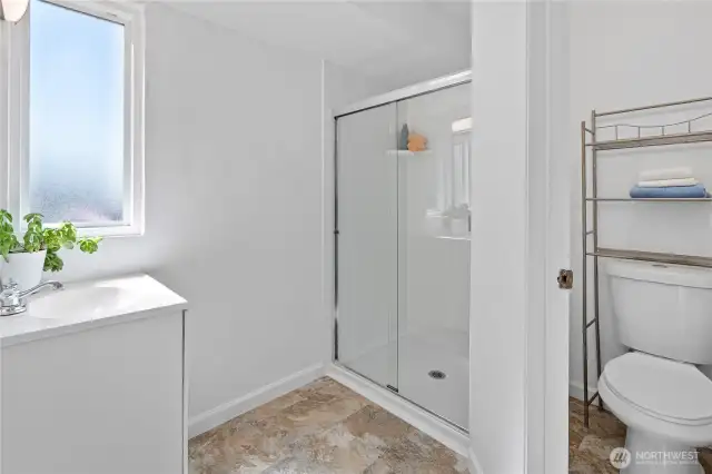 Primary bathroom with new shower
