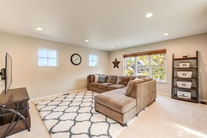 “Giant upstairs family/bonus room with ample space for media, games, or play—framed by windows showcasing Mt. Baker and Snohomish Valley views. A perfect spot to gather and create lasting memories.”