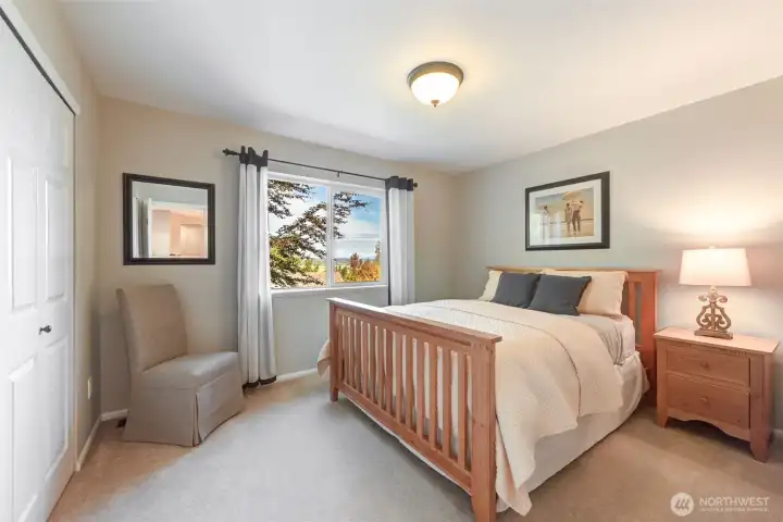 “Generously sized second bedroom with mountain views and a closet organizer for easy storage.”