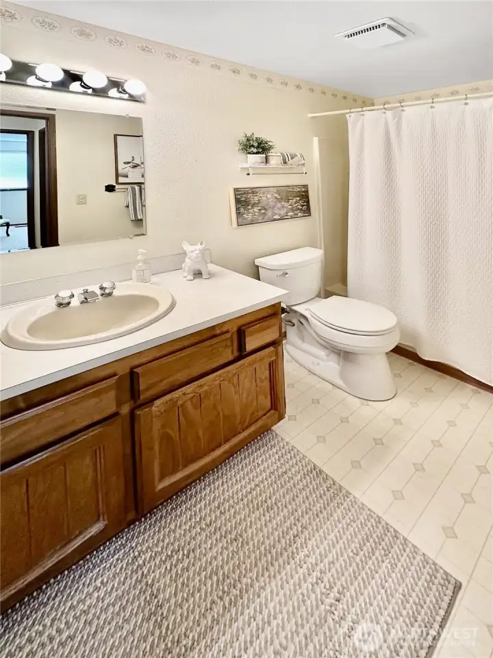 Guest bath with tub/shower combo.