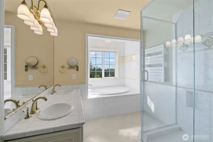 Light filled master bath with heated floors