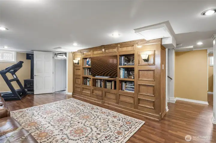 Downstairs family room with built-in shelves