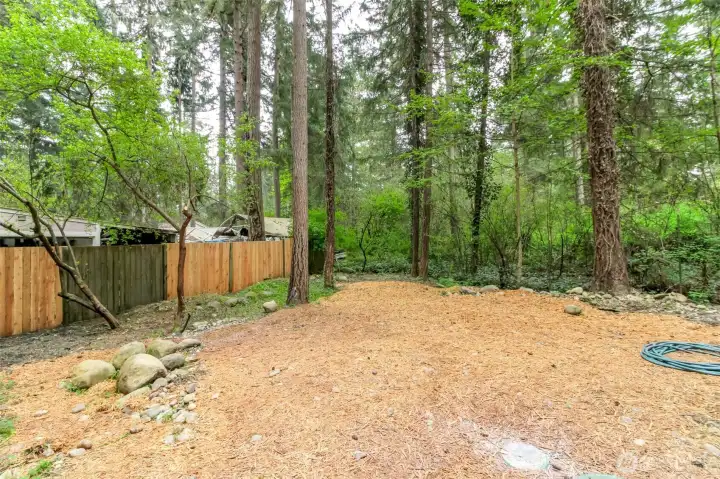 Nice backyard that has a greenbelt behind it.