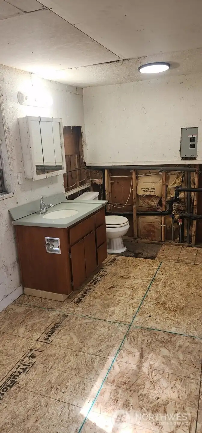 Inside the shed - the subfloor is new and the plumbing is exposed, so the toilet and sink can be connected, if desired.