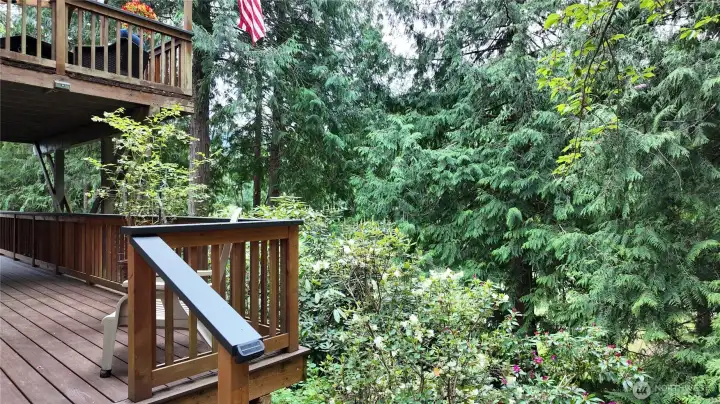 Lower Deck Access accessed via a landscaped path on the side of the home.