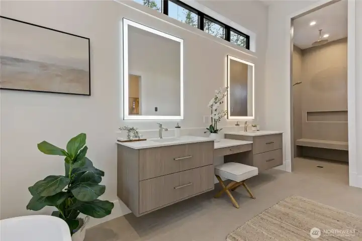 double sinks, heated tile floors and large walk in shower