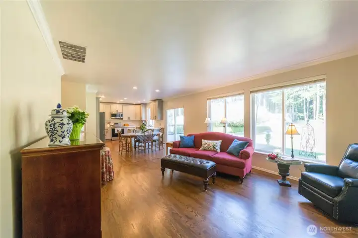 Family room with eating area and fireplace