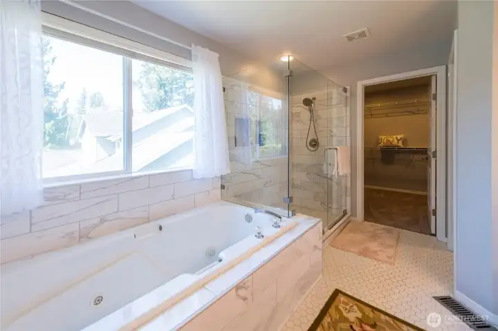 Newly updated primary bathroom with exrra large walk in closet.