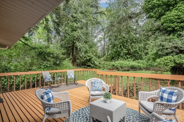 Expansive deck for entertaining, BBQ's and just relaxing! Wonderful secluded yard in your own tree lined forest!
