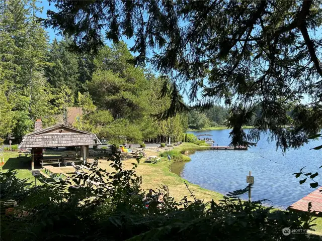 Lake Cabana with 3 docks and Community Beach and Swim Area.