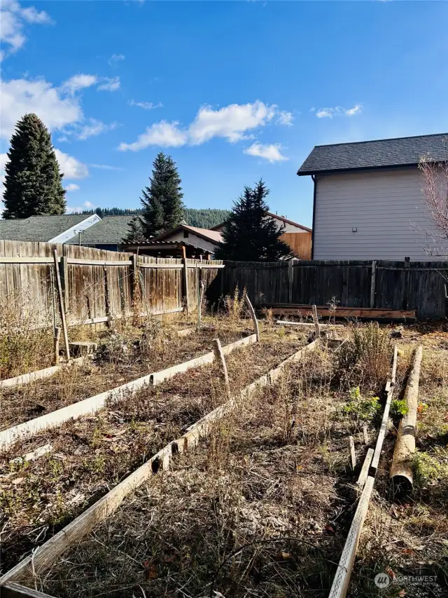 Garden beds inside fence.