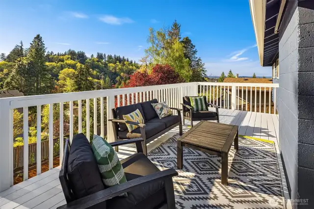 Deck with territorial and peek-a-boo views of Lake Washington.